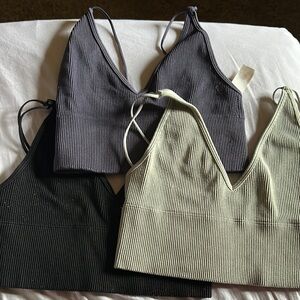 Ribbed V-Neck Bralette Set - Black, Gray, Cream